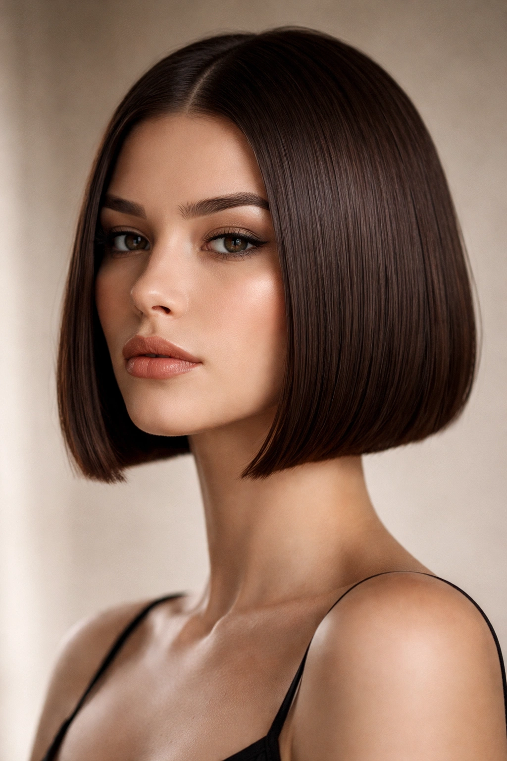 Close-up of a person with a chin-length blunt bob highlighting a sharp geometric line
