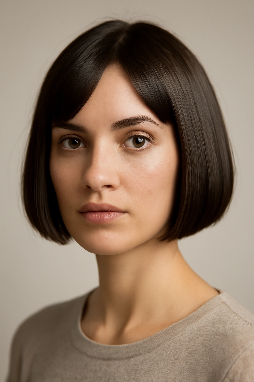 Close-up of a chin-length blunt bob with a sharp, even cut and glossy hair