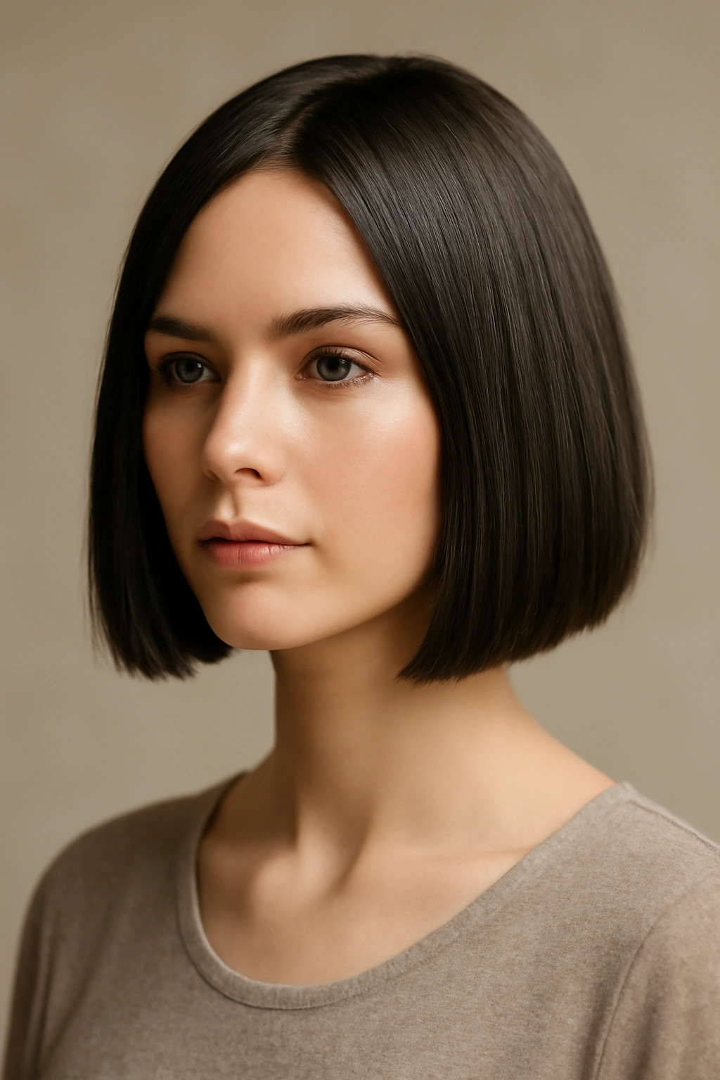 Close-up of a blunt bob with a jaw-length, even hem and glossy finish