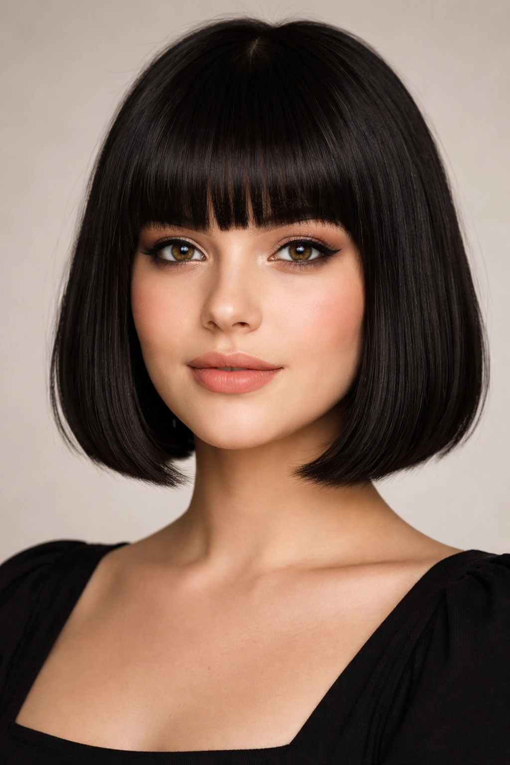 Close up portrait of blunt bob with heavy bangs on a round face in studio lighting