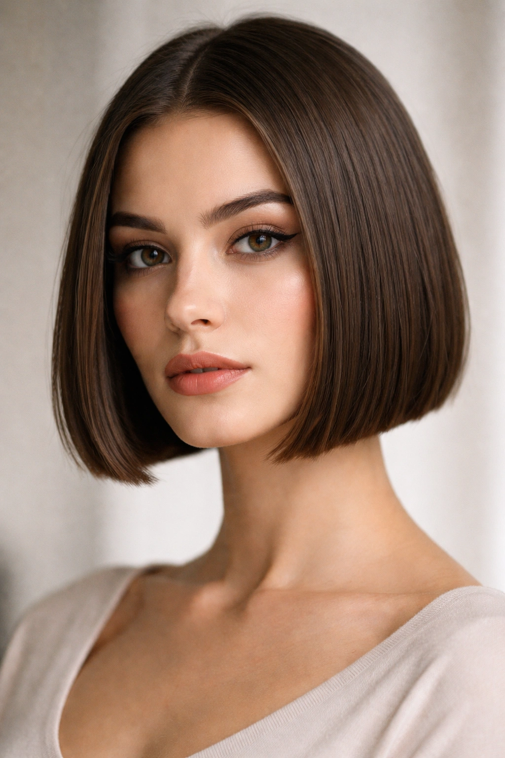 Head with a blunt chin-length bob and sharp jawline