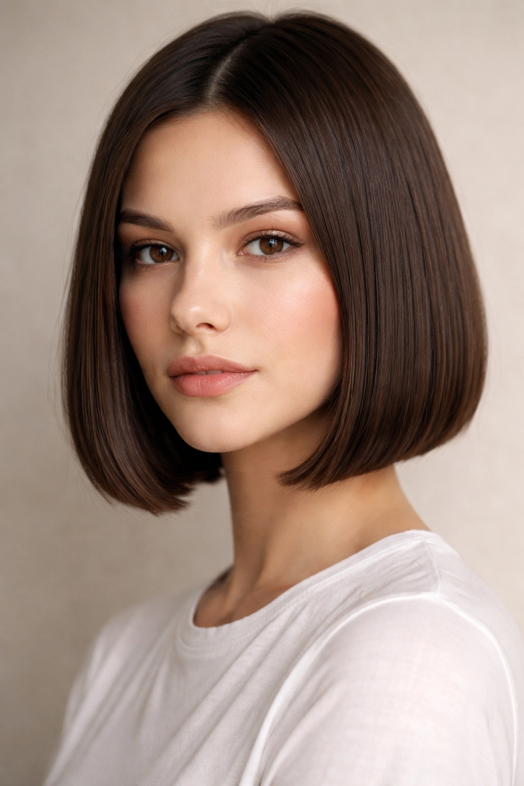 Close-up portrait of a blunt chin-length bob highlighting crisp jawline and subtle inward curve