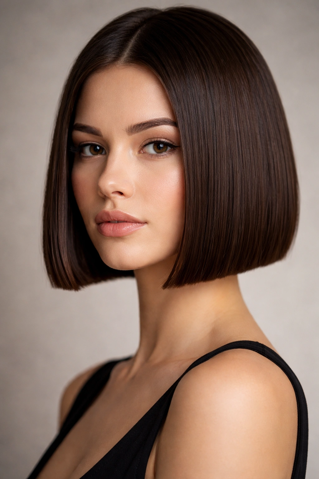 Close-up of blunt bob hairstyle with a sharp jawline cut