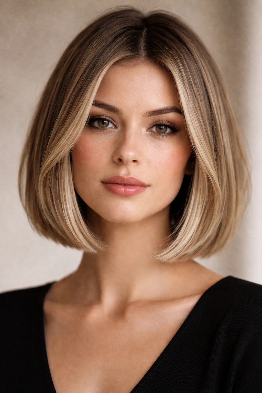Blunt bob with longer layers emphasizing jawline width to balance a long face.