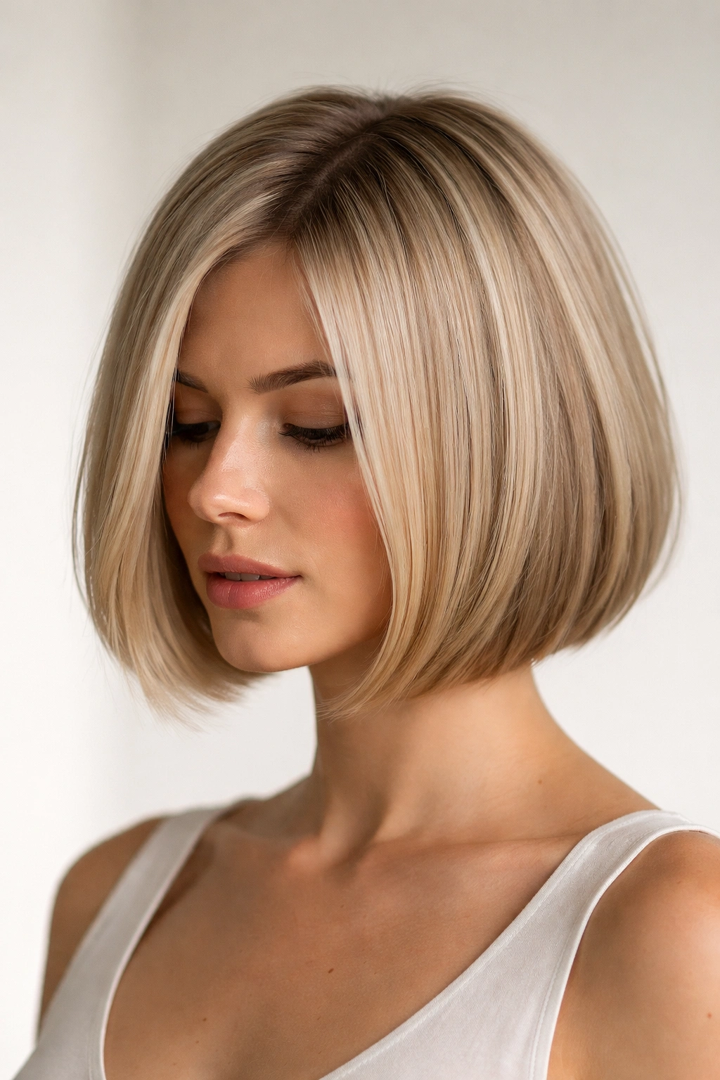 Front view blunt bob with clean exterior line and hidden interior layers