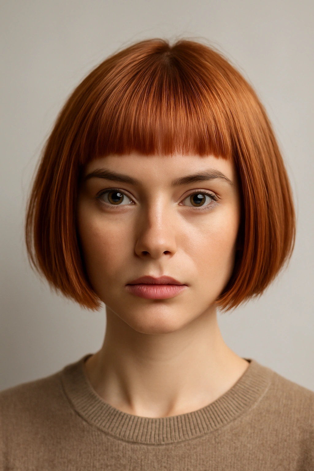 Blunt bob with micro bangs in strawberry blonde, sharp line