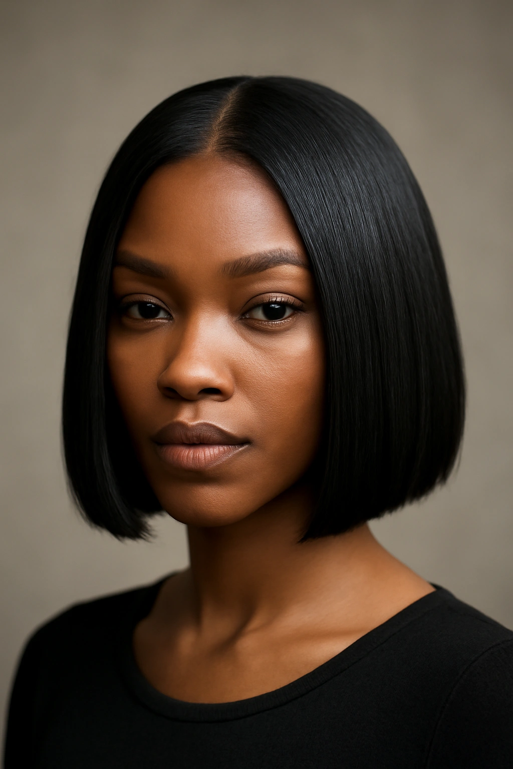 Portrait of a person with blunt bob and geometric middle part in a studio