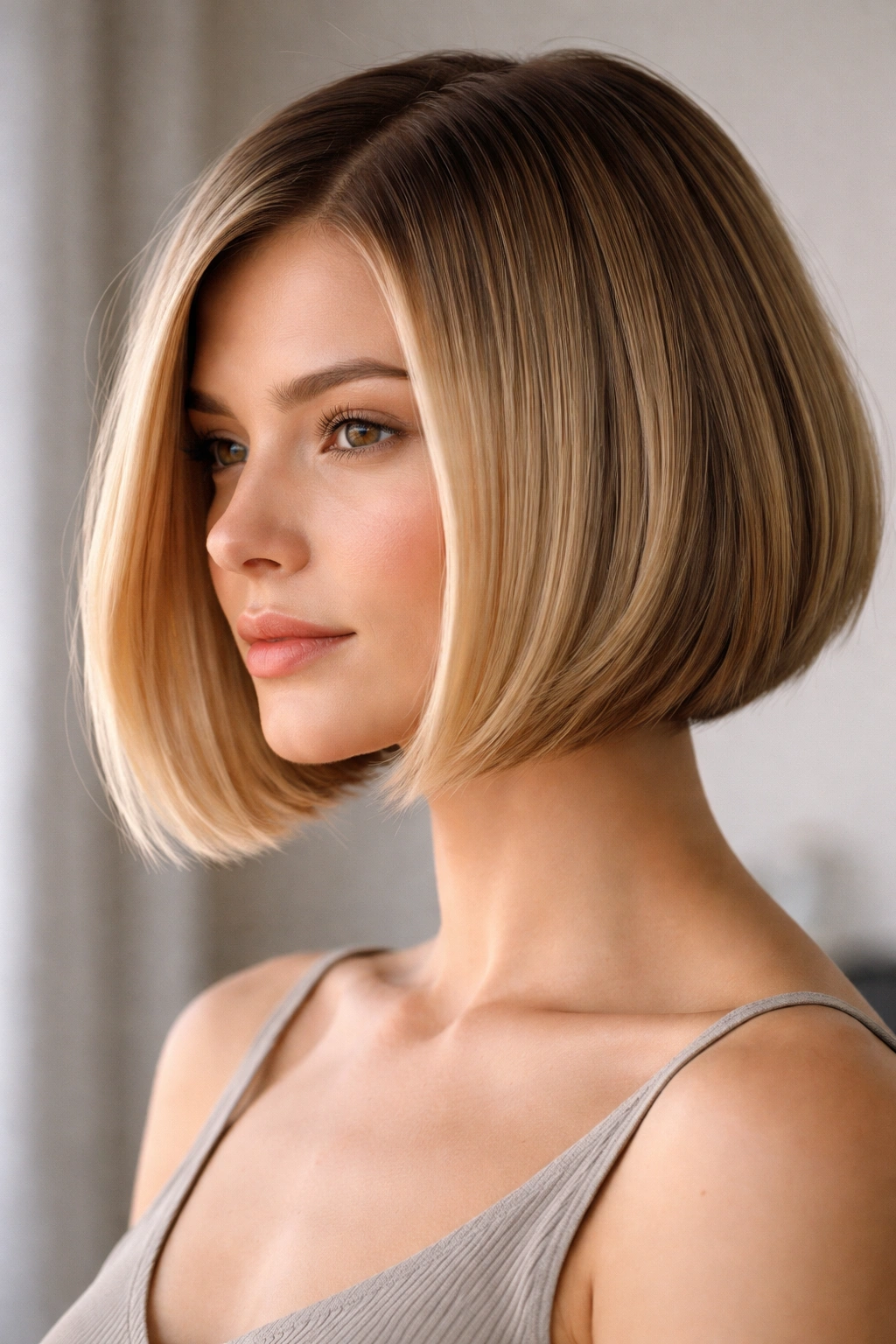 Front three-quarter view of blunt bob with movement and hidden layers.