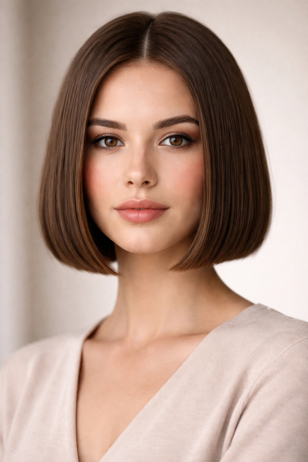 Close-up of a chin-length blunt bob on a model, highlighting the sharp edge