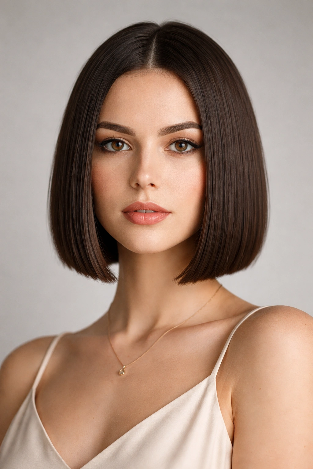 Oval-face model with a jaw-length blunt bob and straight hair, sharp edge