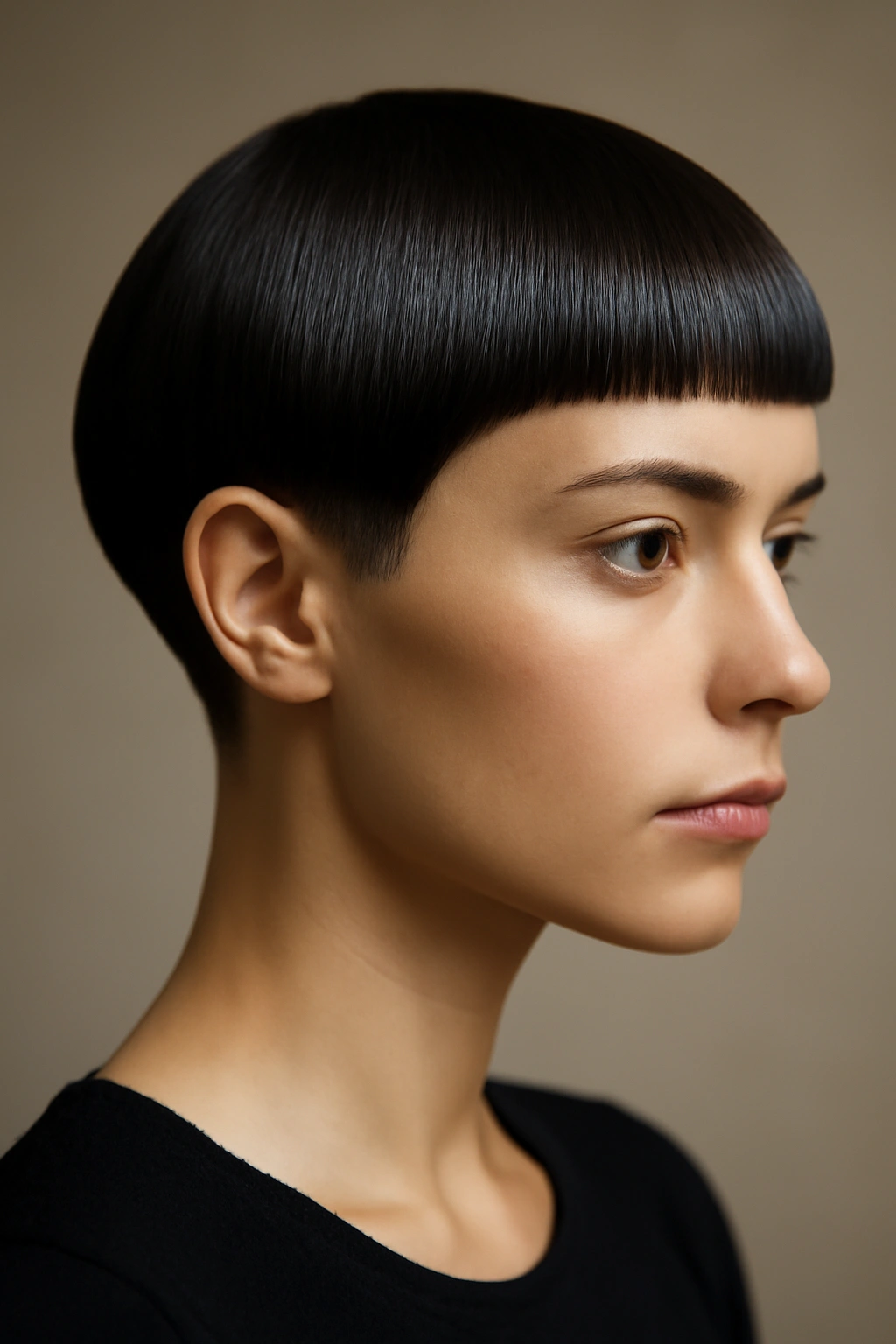 Close-up of a model with a razor-sharp blunt pixie-bob showing a crisp nape-length line.