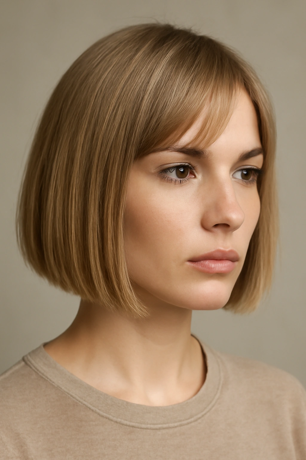 Portrait of a person with chin-length blunt bob showing a strong straight hem.