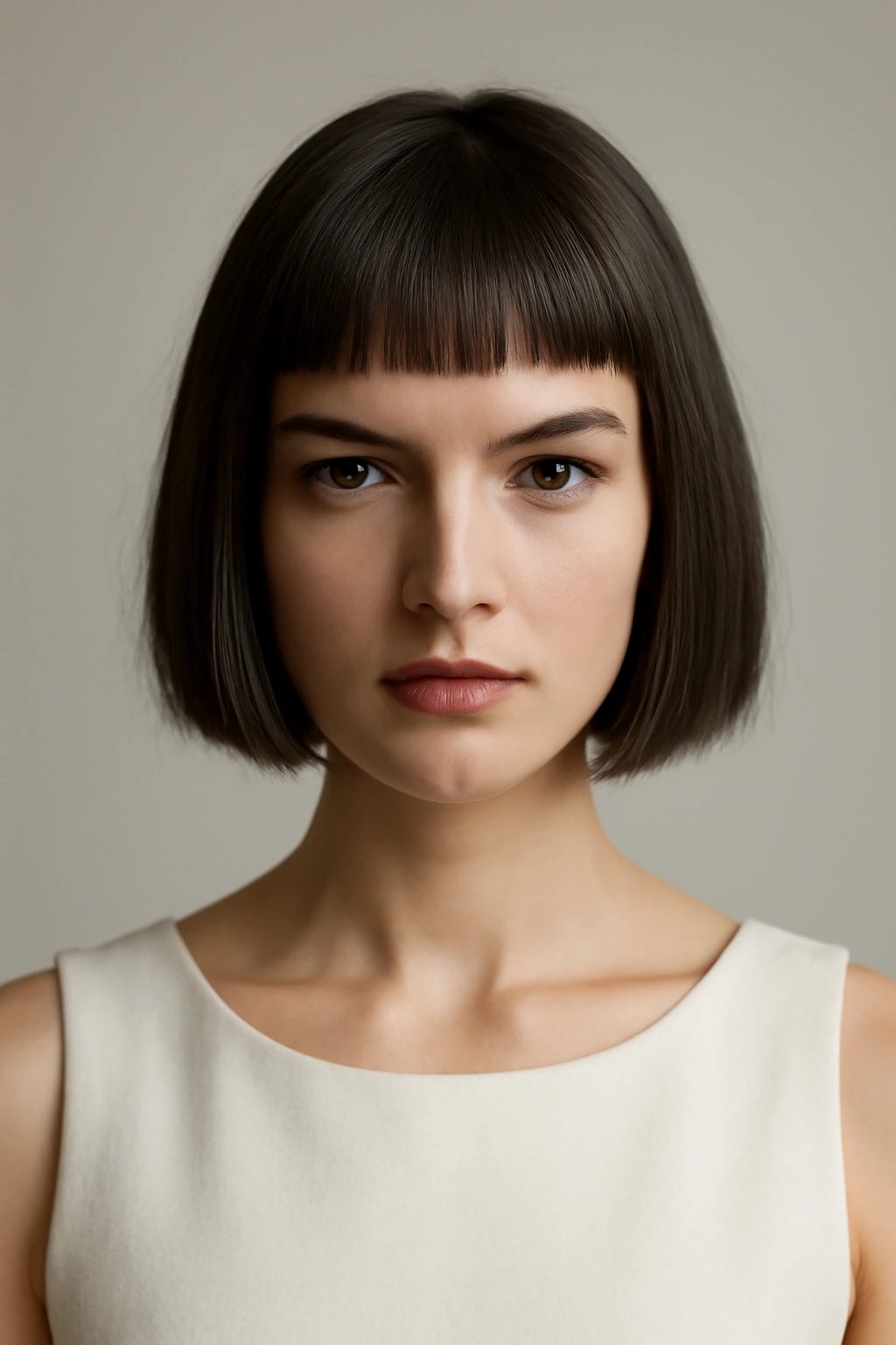 Chin-length blunt bob with crisp straight edges.