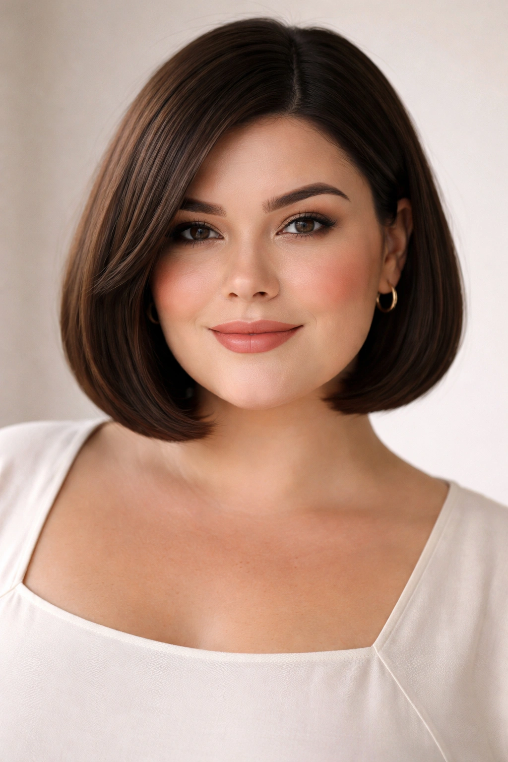 Close-up of a blunt bob with rounded edges framing the jawline.