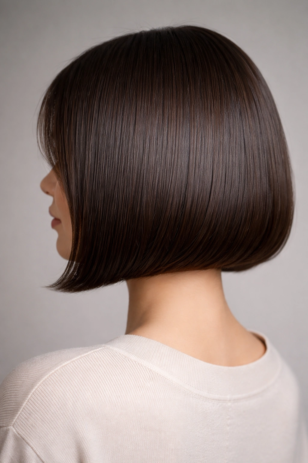 Close-up of jaw-length blunt bob with rounded ends, glossy straight hair