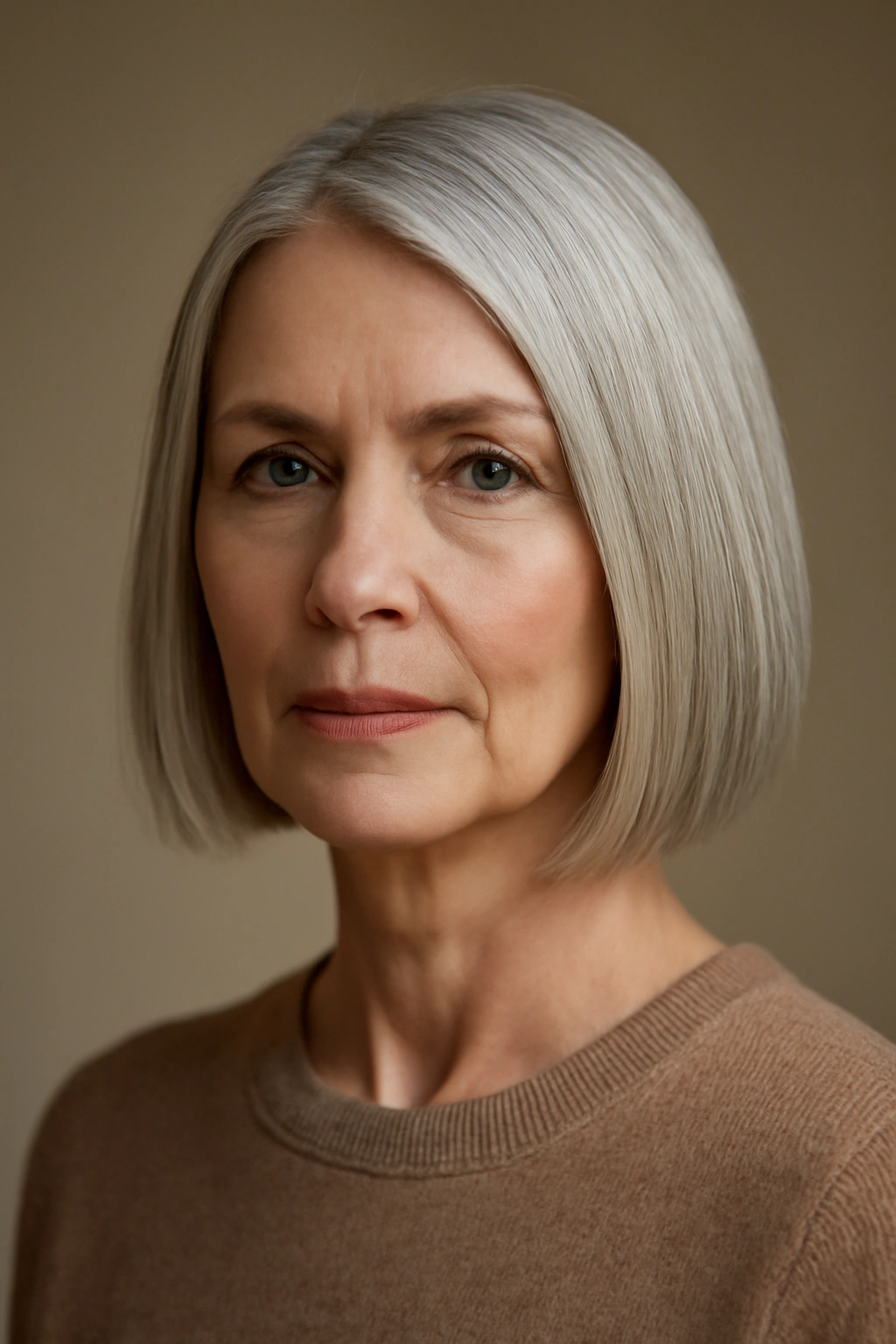 Blunt bob with a crisp chin-length line and smooth texture