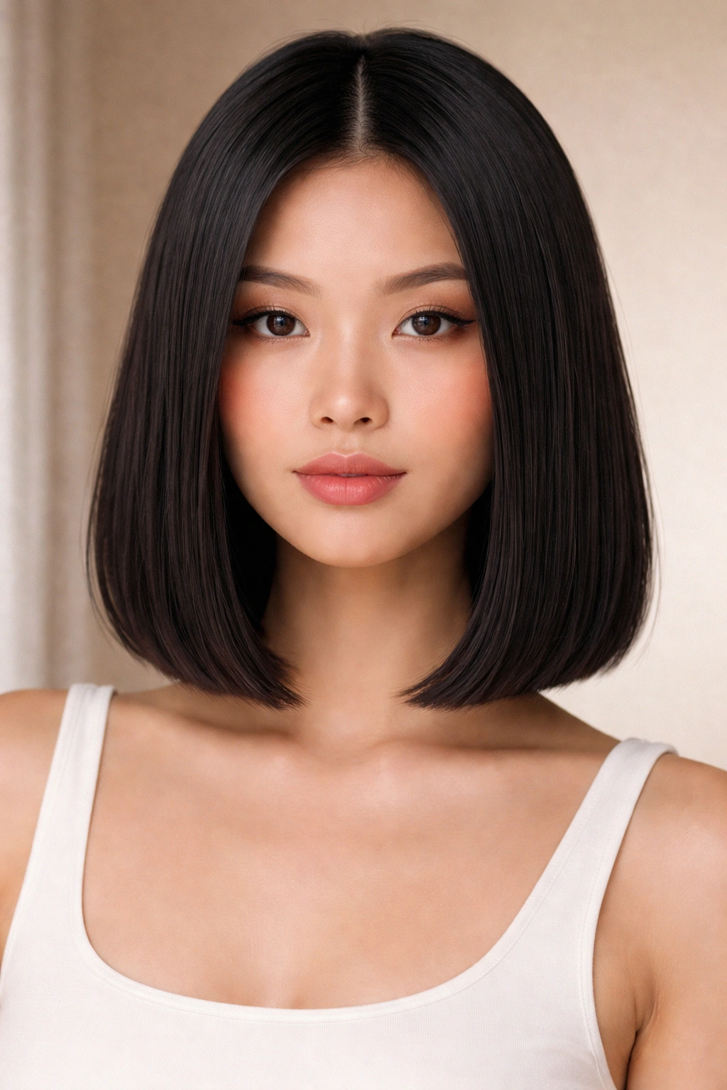 Close-up portrait of a blunt shoulder-length bob hairstyle with a straight, sleek hem
