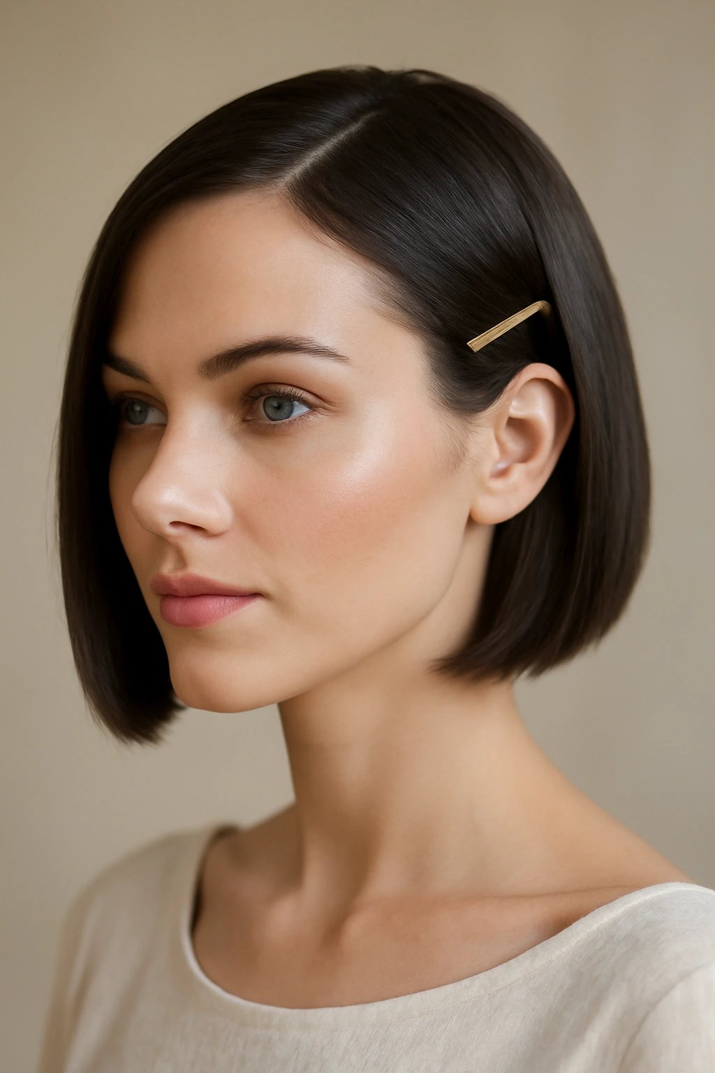 Sleek blunt bob with deep side part and metallic comb