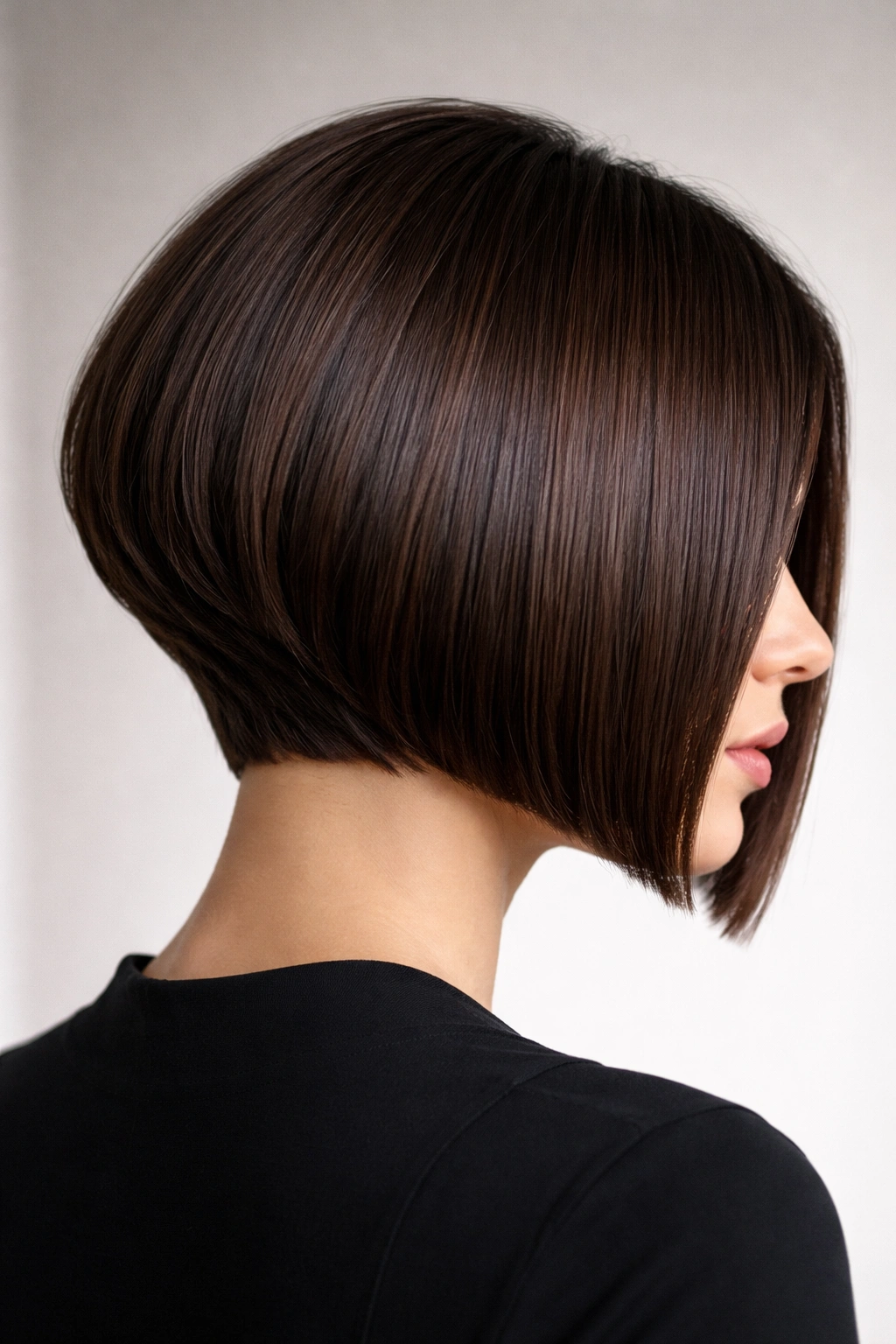 Blunt stacked bob with sharp lines and pronounced volume at back and front