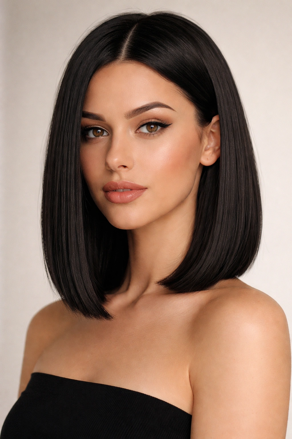 Close-up of a shoulder-length blunt bob with crisp straight ends and a side part