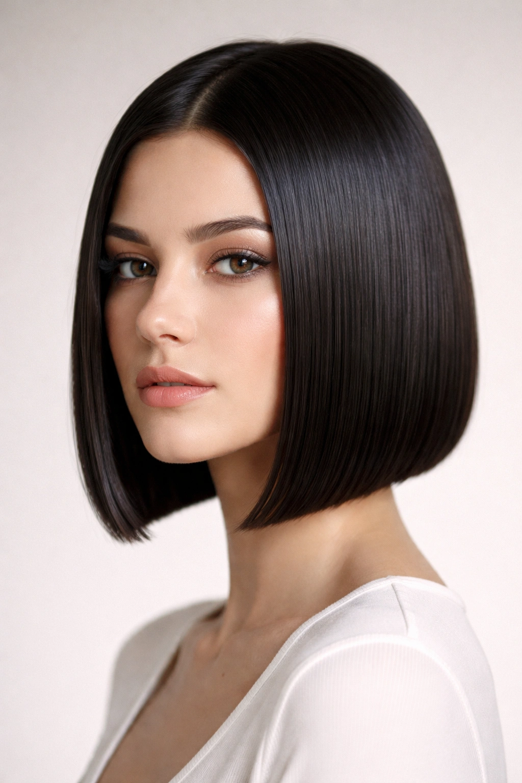 Close-up portrait of a straight, chin-length blunt bob with a sharp architectural edge