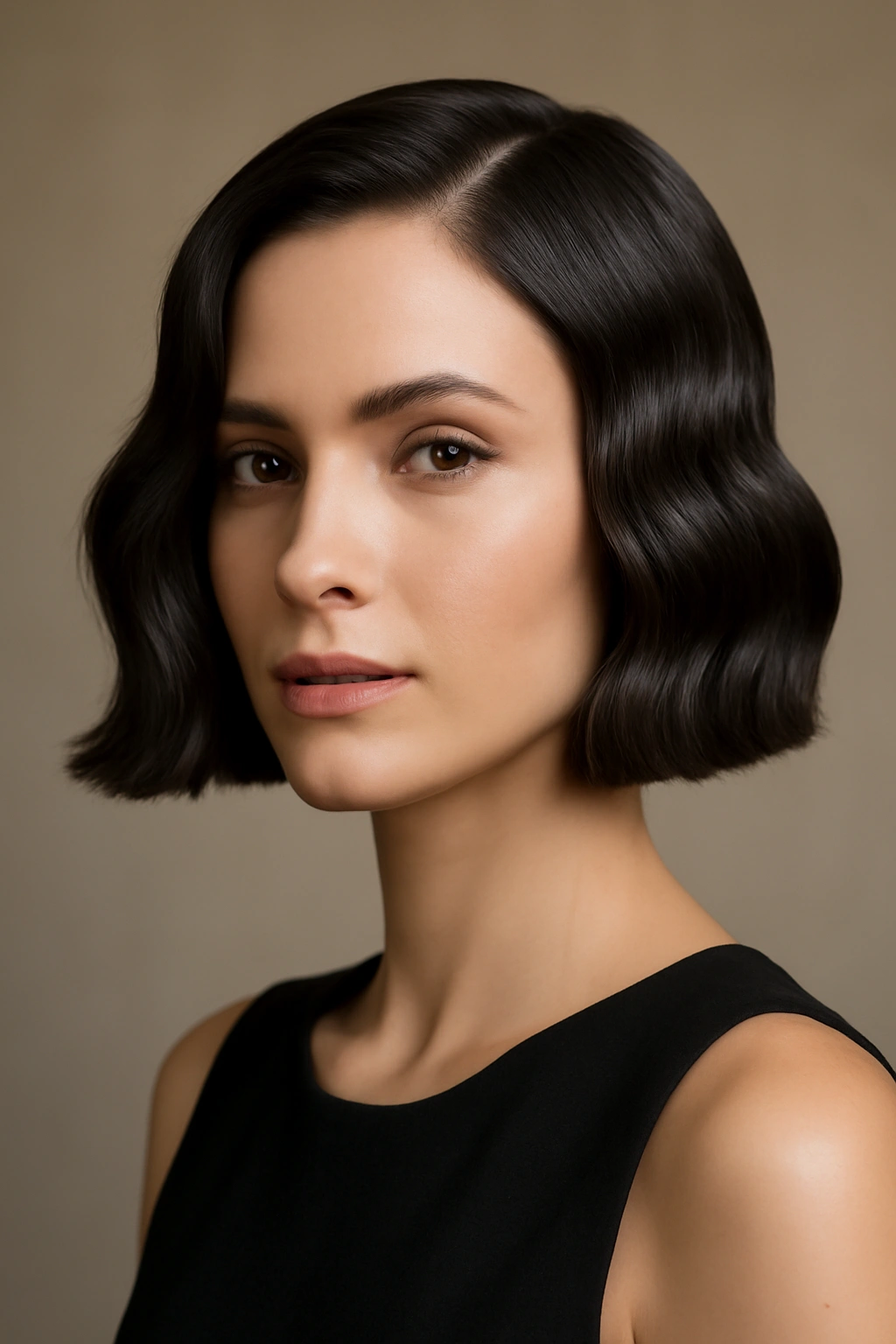 Sleek blunt bob with structured waves and high shine