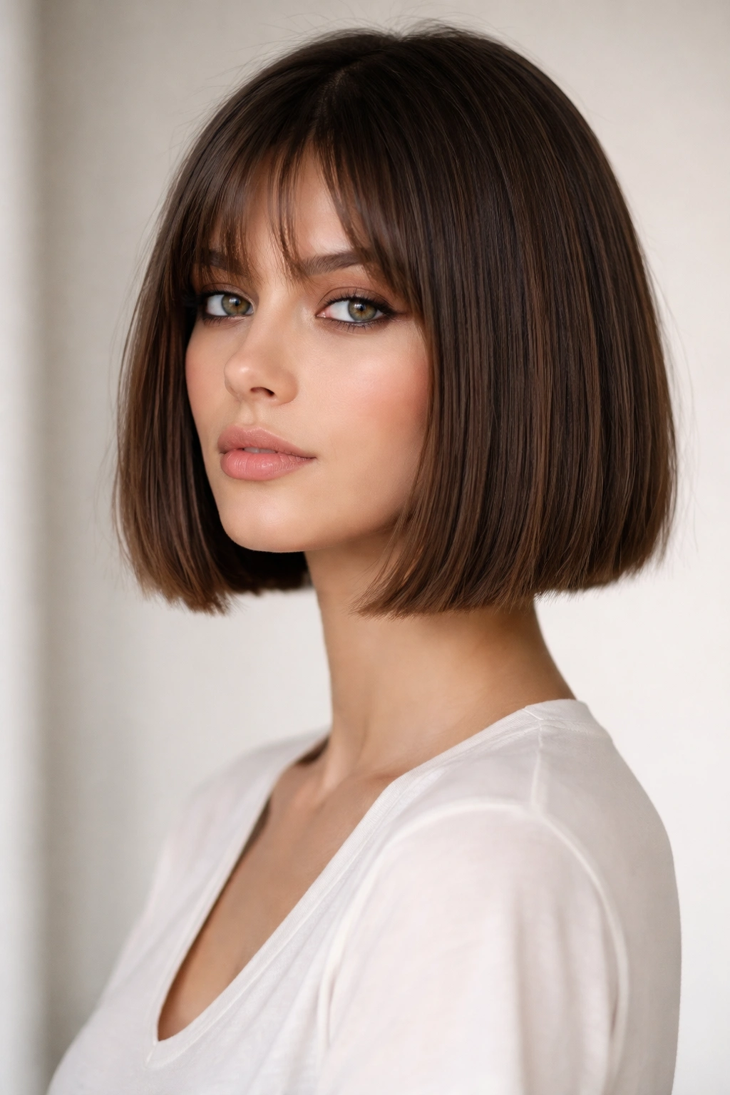 Chin-length blunt bob with subtle texture at the ends