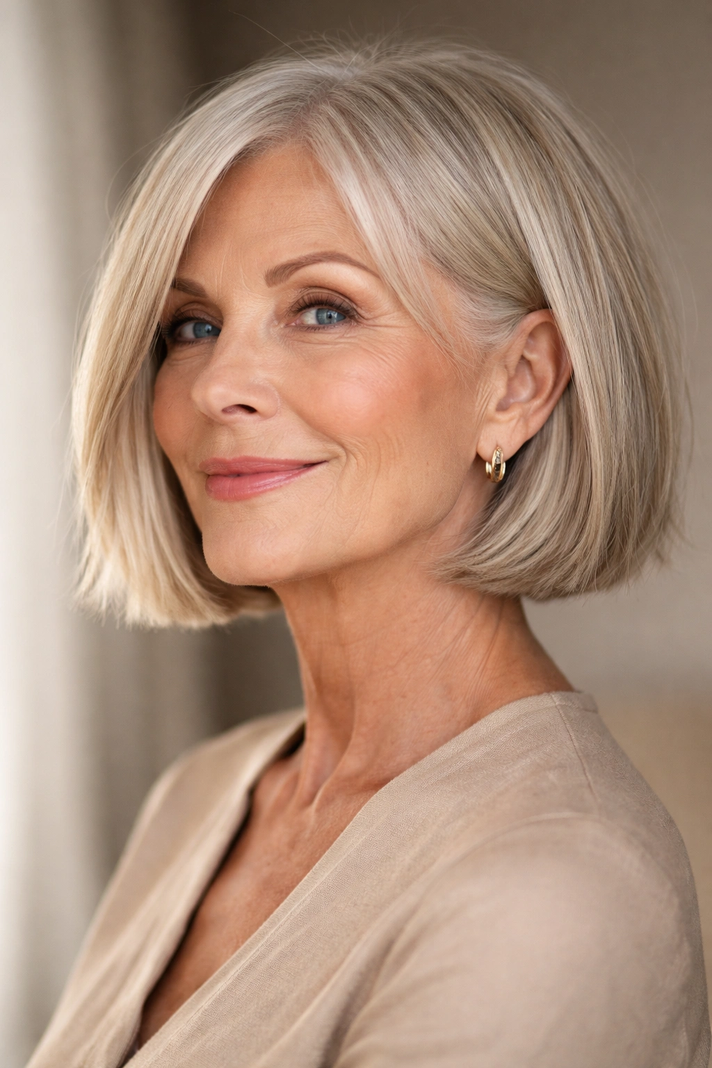 Mature woman with blunt bob and textured ends