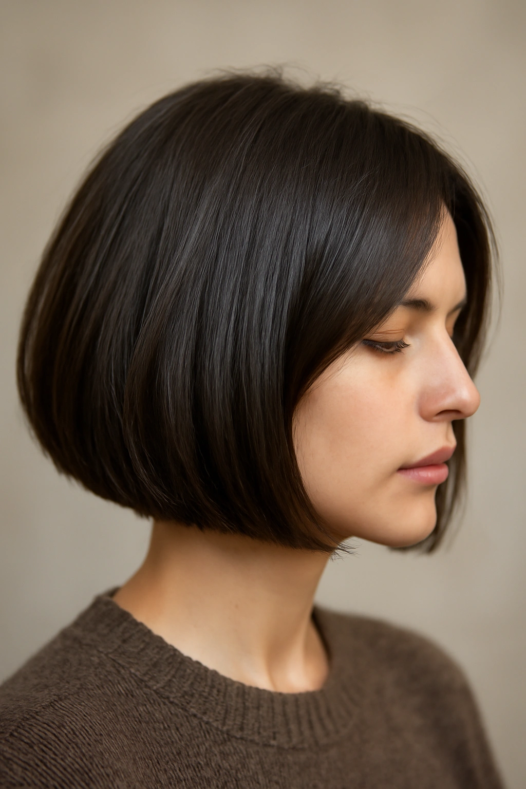 Blunt bob with internal layers on thick straight hair showing depth