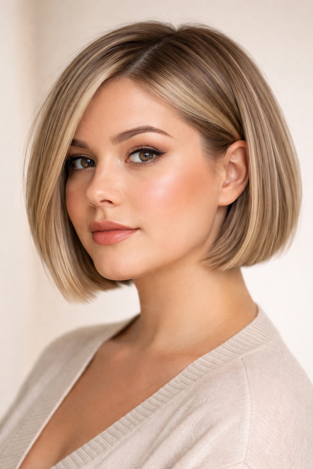 Blunt bob hairstyle with subtle undercut and textured top on a model.
