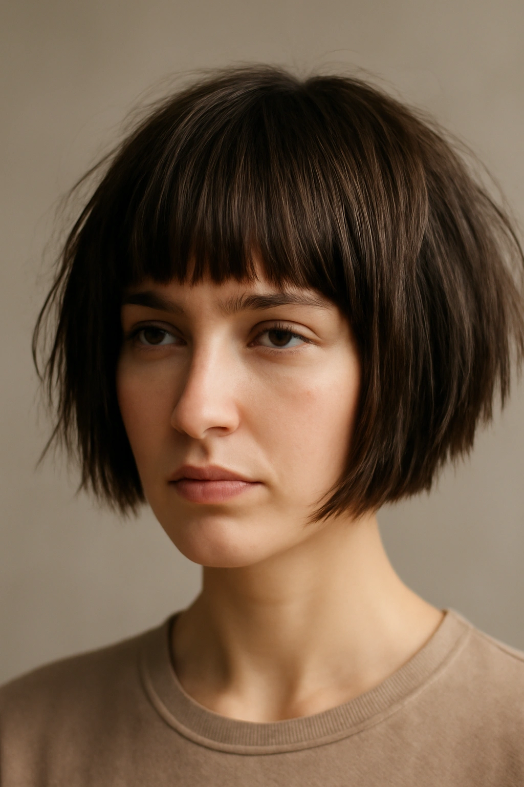 Close-up of blunt choppy bowl haircut on a woman in a studio