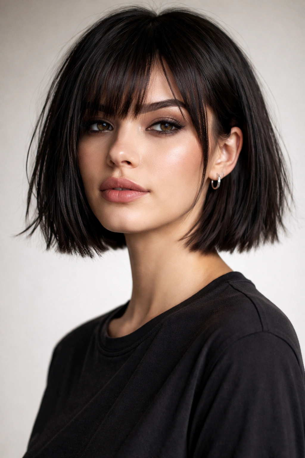 Portrait of a person with a blunt choppy bob and textured ends.