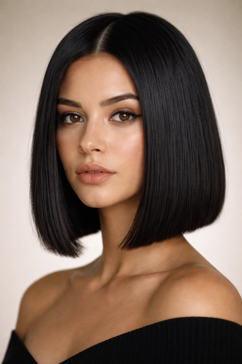 Oval-faced model in a precise blunt bob with coarse hair texture