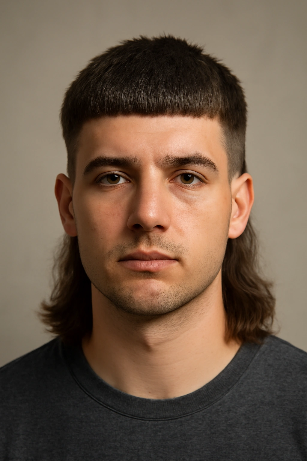 Portrait of a person with blunt top mullet and long back highlighting sharp lines and dense back hair