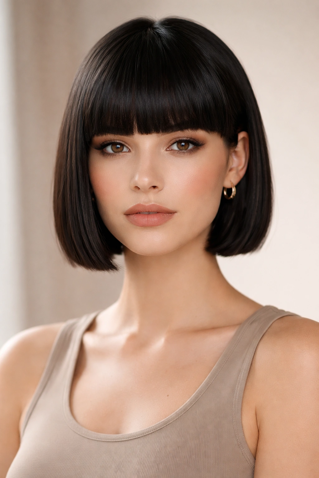 Front portrait of straight-haired head with blunt crop and heavy bangs