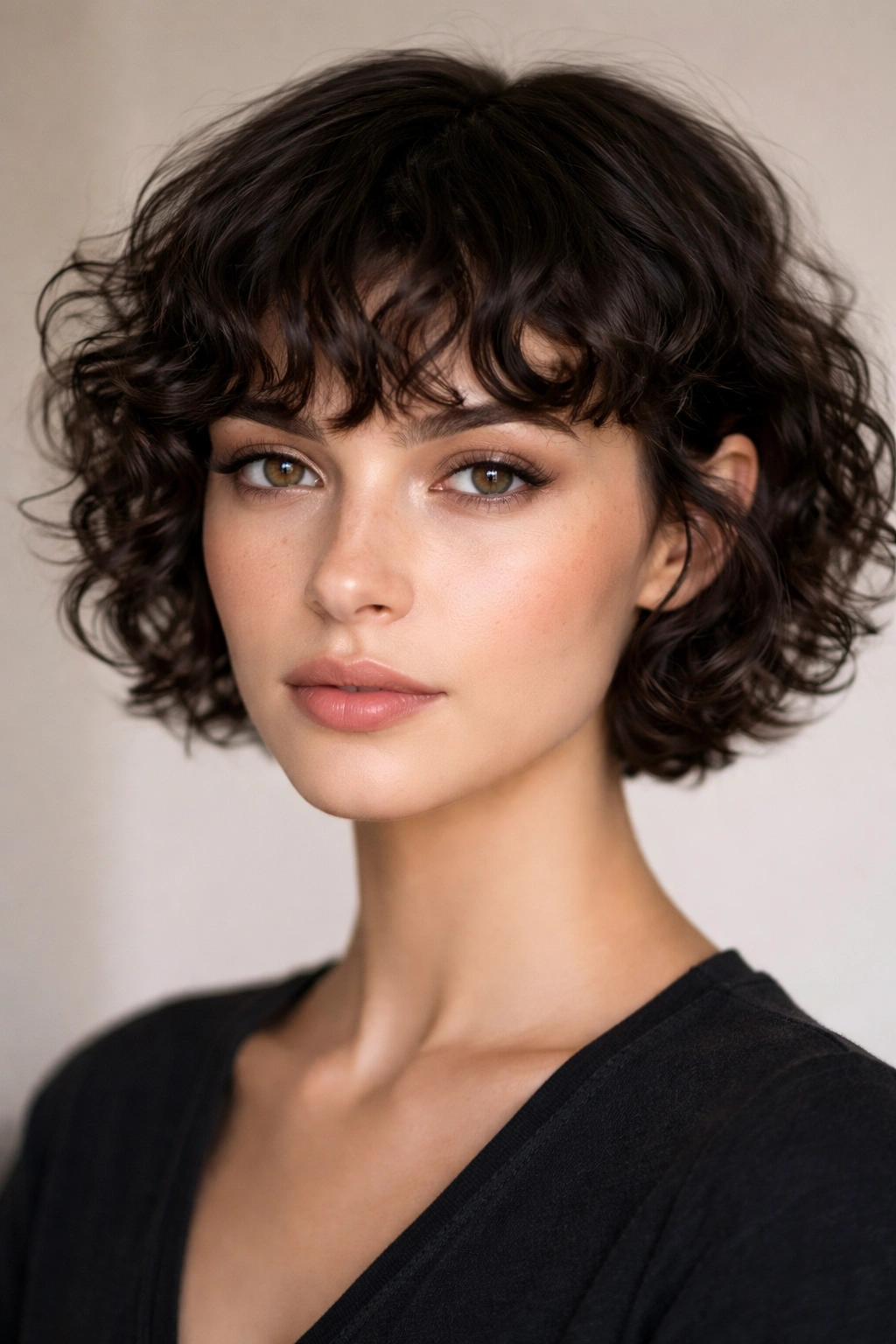 Blunt crop with feathered curly bangs framing the face