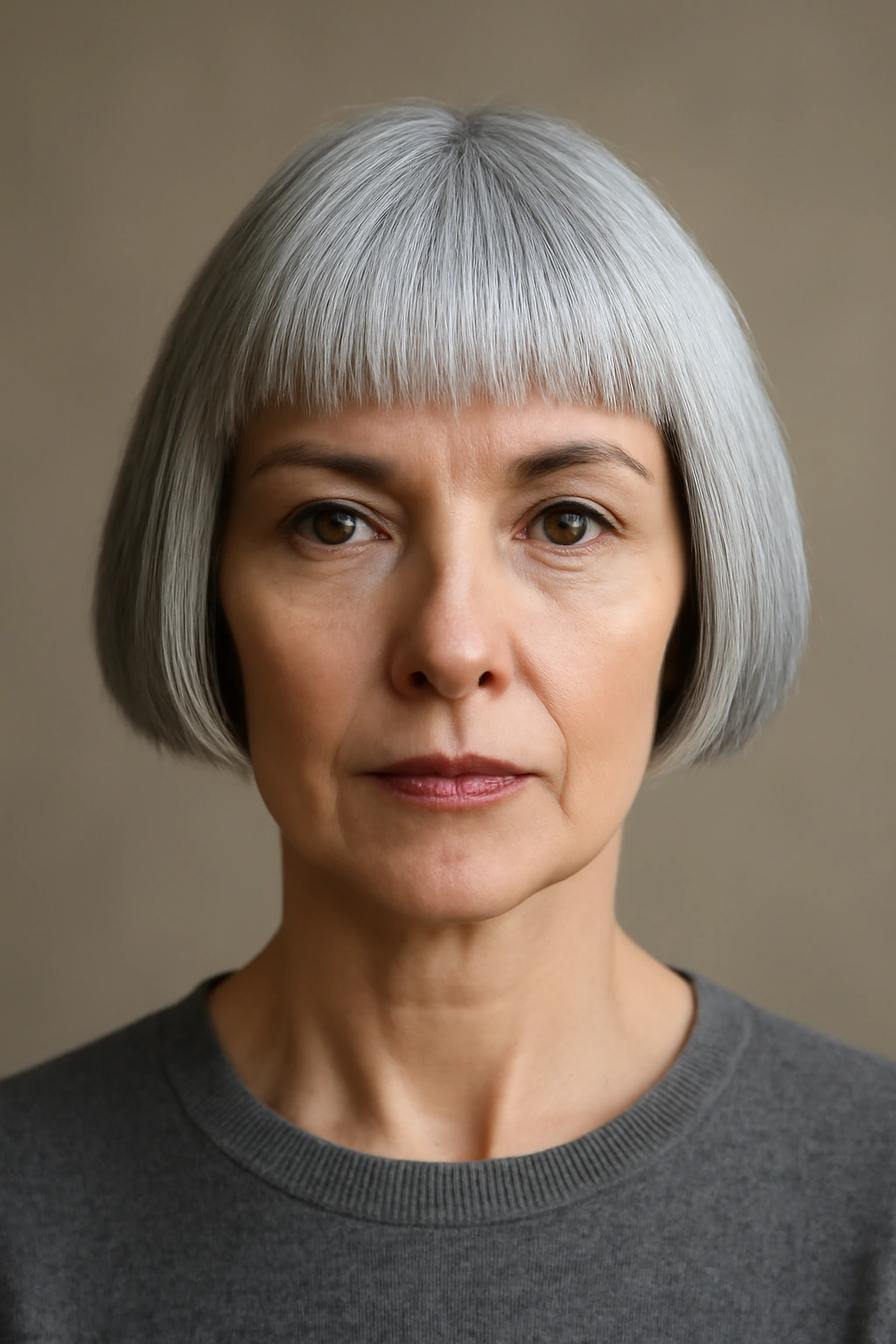 Front-facing blunt crop on gray hair showing geometric silhouette