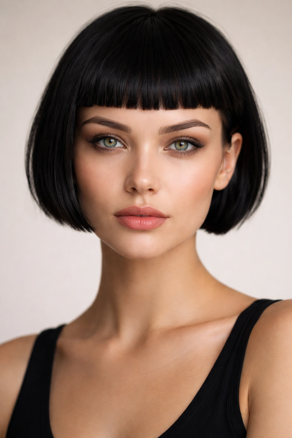 Close-up portrait of a person with a blunt crop and micro bangs.