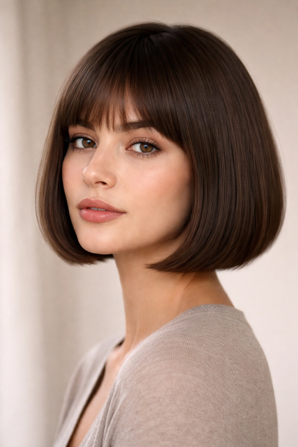 Close-up portrait of a blunt crop with rounded edges hairstyle