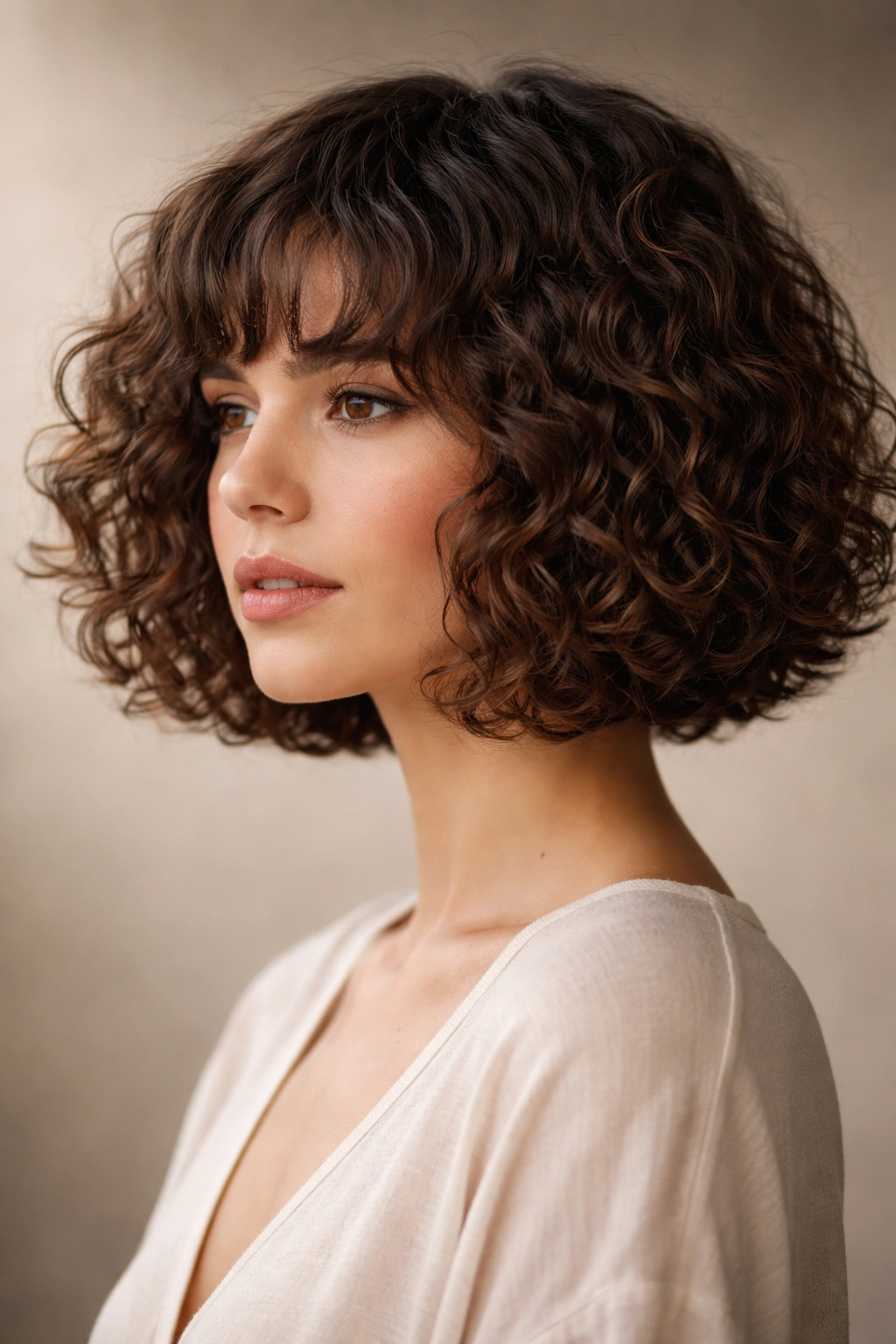 Close-up of blunt curly bob showing sharp edge and inner depth