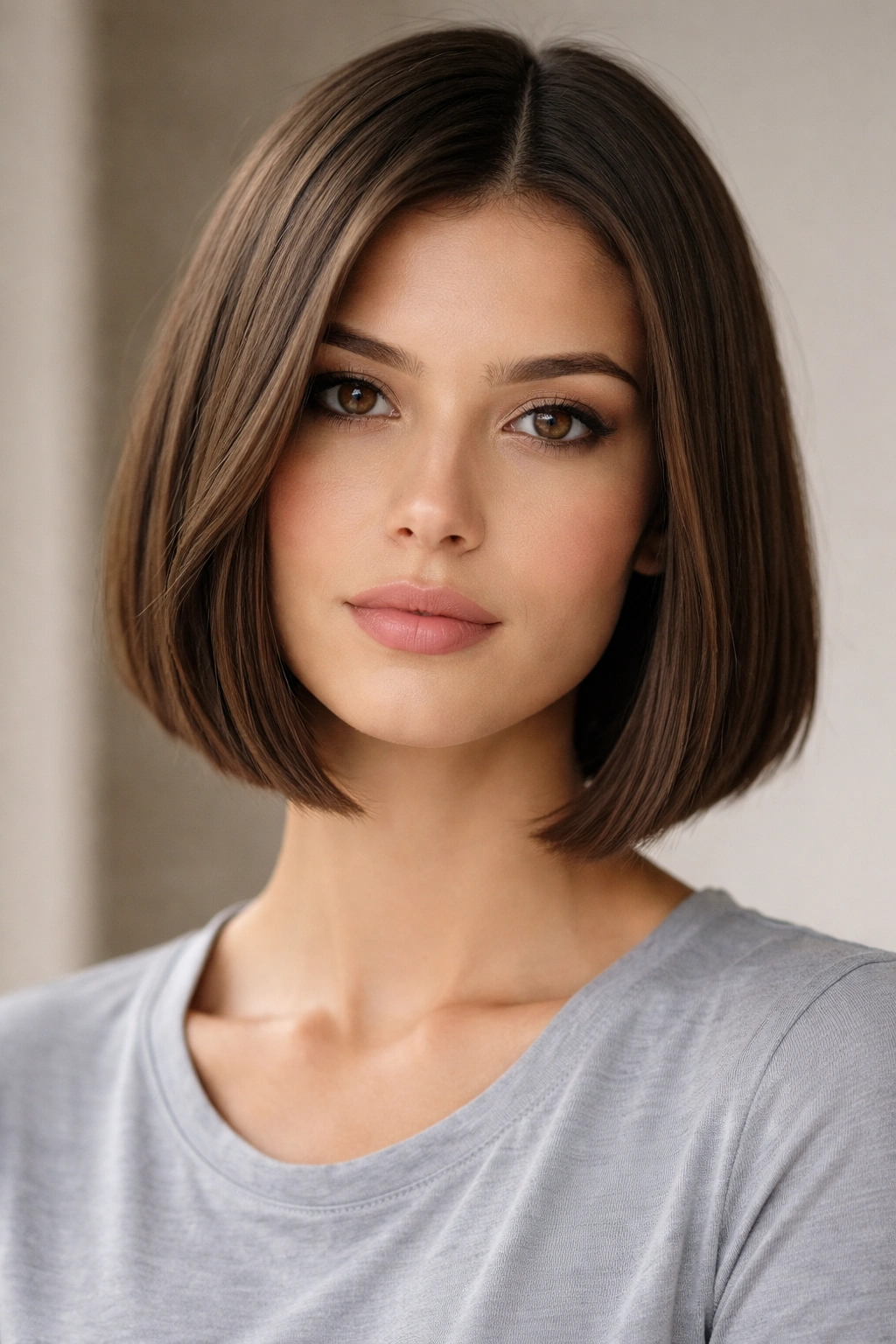 Portrait of a model with a blunt-cut bob featuring a strong horizontal jawline
