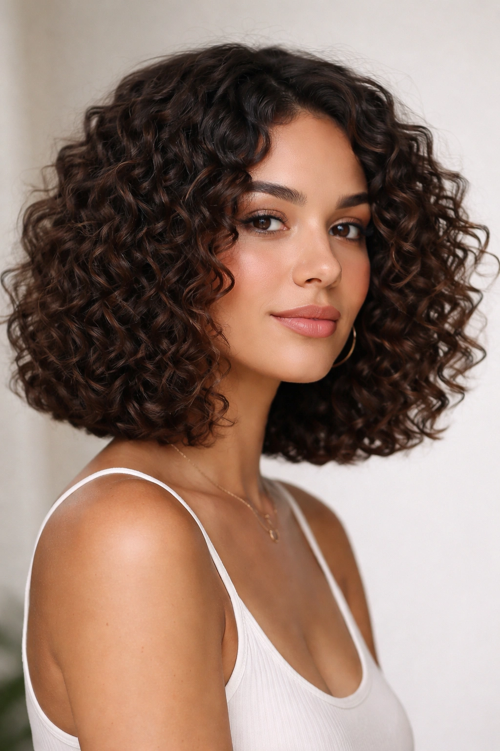 Close-up of blunt-cut curly lob showing a crisp bottom edge and natural curl texture
