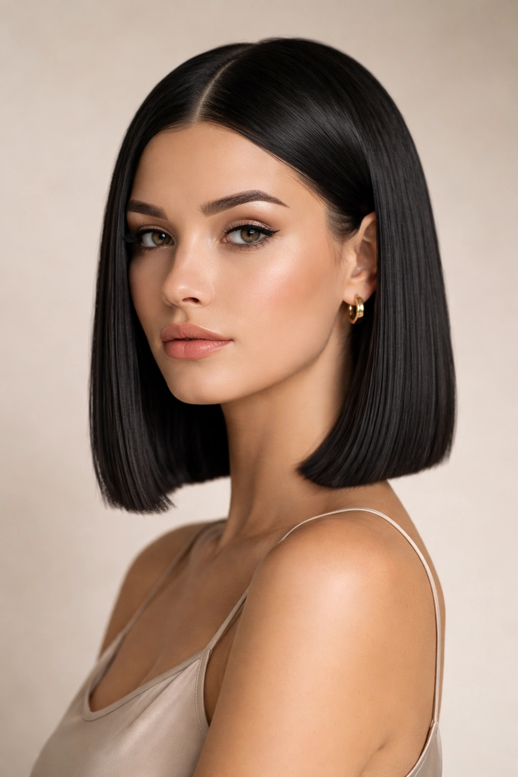 Close-up of a blunt-cut hairstyle with a sharp straight line, studio lighting