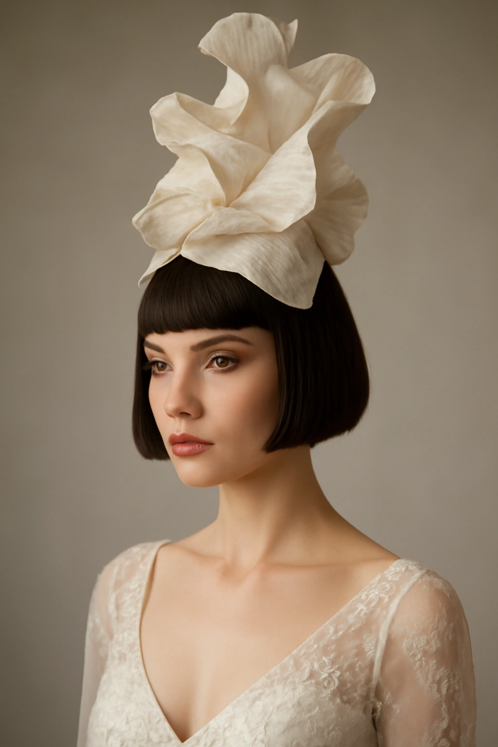 Bridal blunt-cut hairstyle with a dramatic headpiece.
