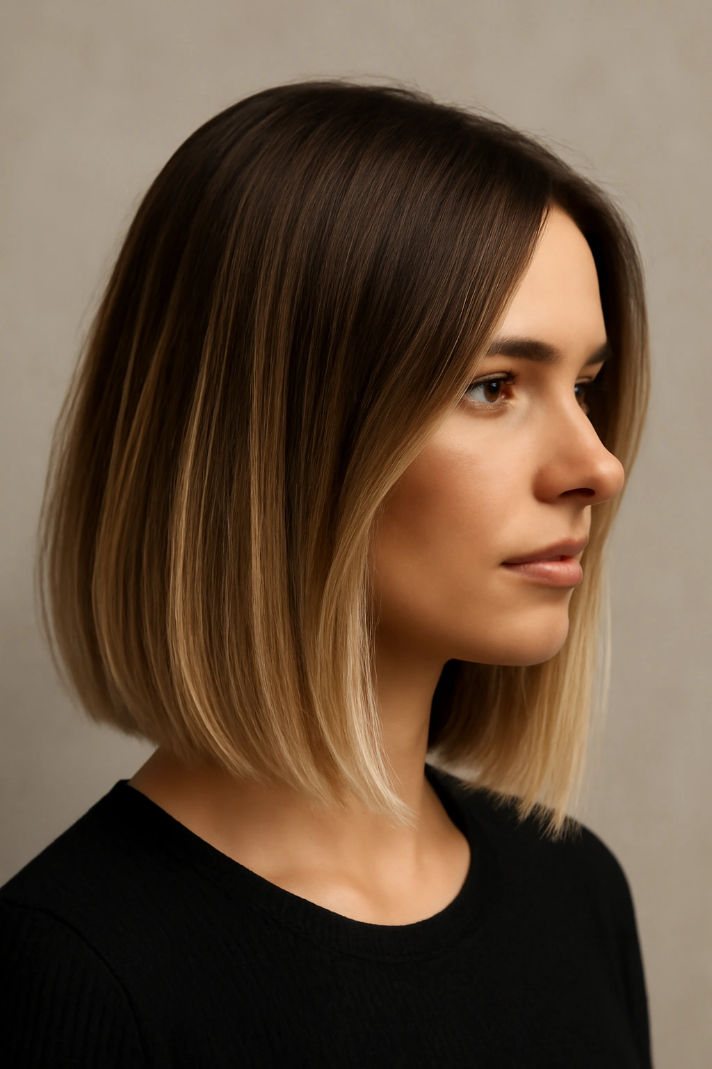 Shoulder-length blunt cut with rooted balayage from dark roots to light ends