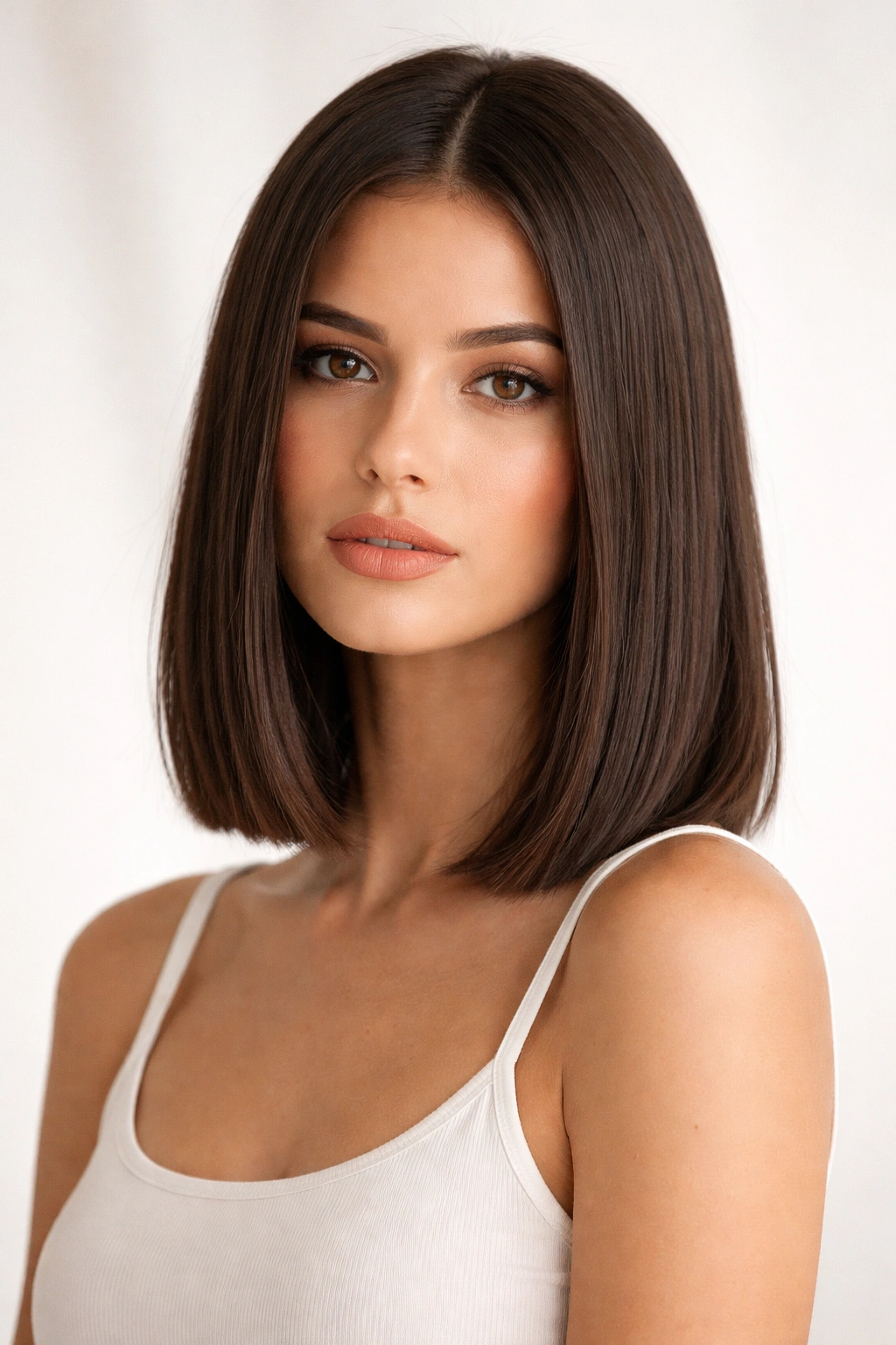Blunt shoulder-length hair with a crisp straight line