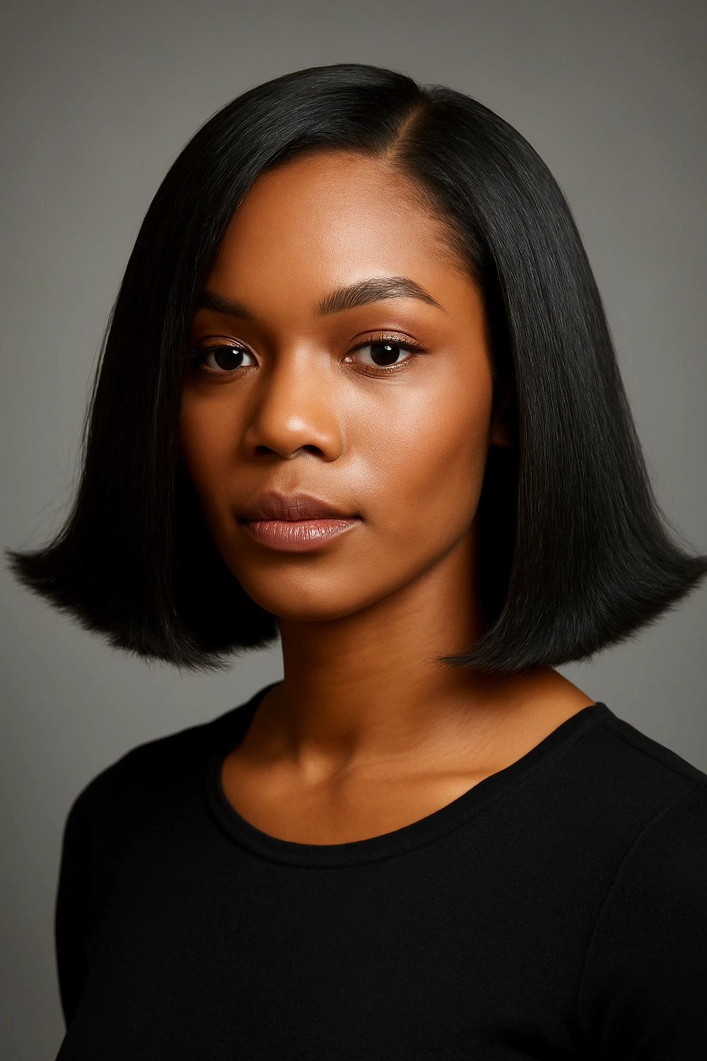 Close-up of The Classic Blunt-Edge Flip on a Black woman with shoulder-length straight hair and outward flipped ends