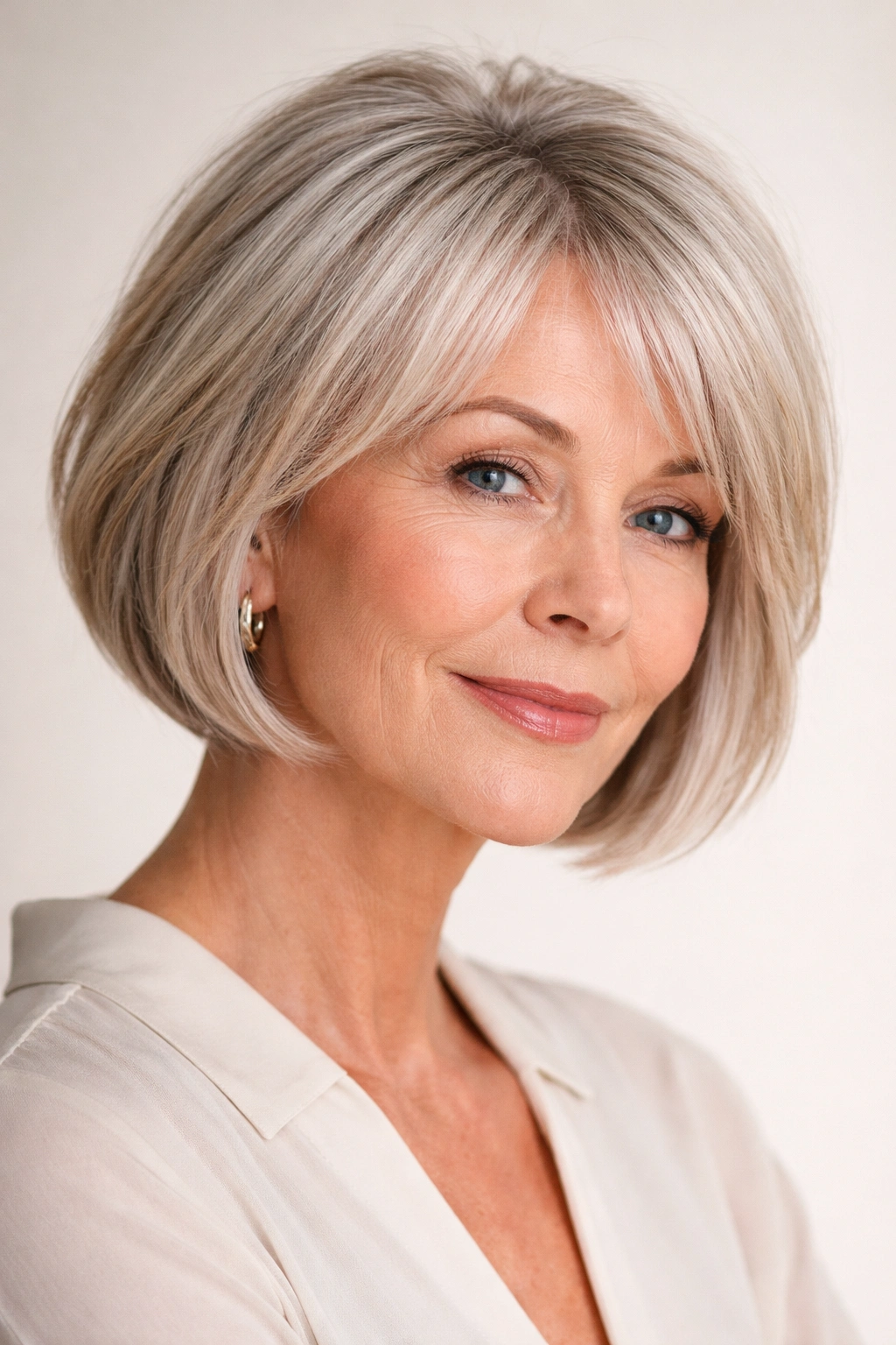 Blunt-edged bob hairstyle with textured crown on a heart-shaped face
