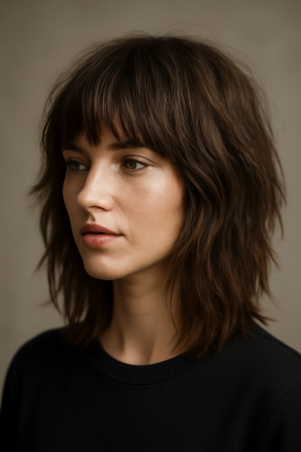 Close-up of a modern shag hairstyle with blunt, defined bottom ends.