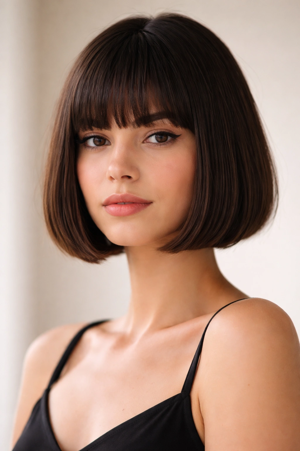 Blunt French bob haircut with crisp chin-length edge